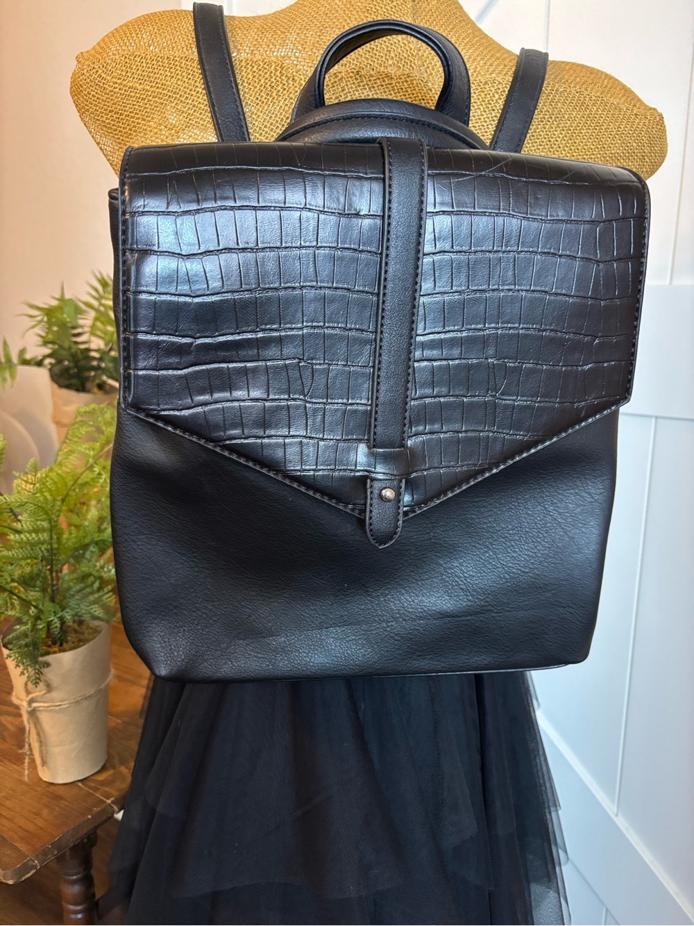 Magnolia and Vine Black Croc-Texture Leather Backpack